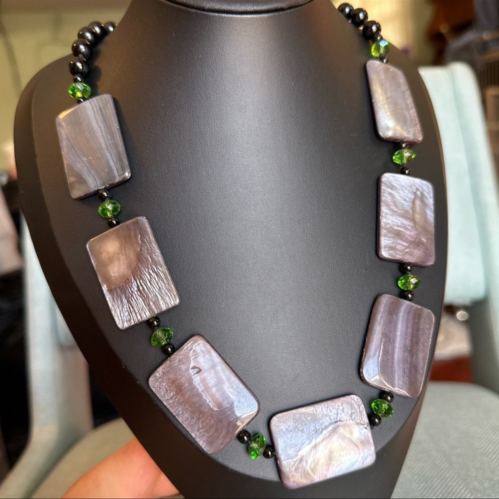 Large Black Mother of Pearl and Crystal Bead Necklace